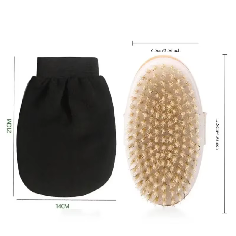 Kit de 2 exfoliants corporels : Gants exfoliants et brosse à poils naturels pour le brossage à sec, 