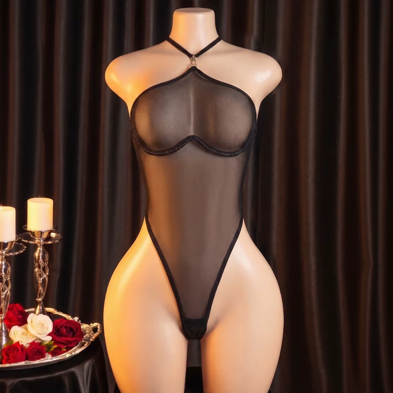 Ellolace Lingerie séduisante pour femme, Body transparent sensuel à col licou, Tenue de soirée exclu