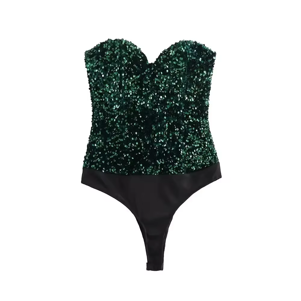 Body à paillettes sans bretelles pour femmes, body dos nu, col en cœur, combishort féminin, mode Sex