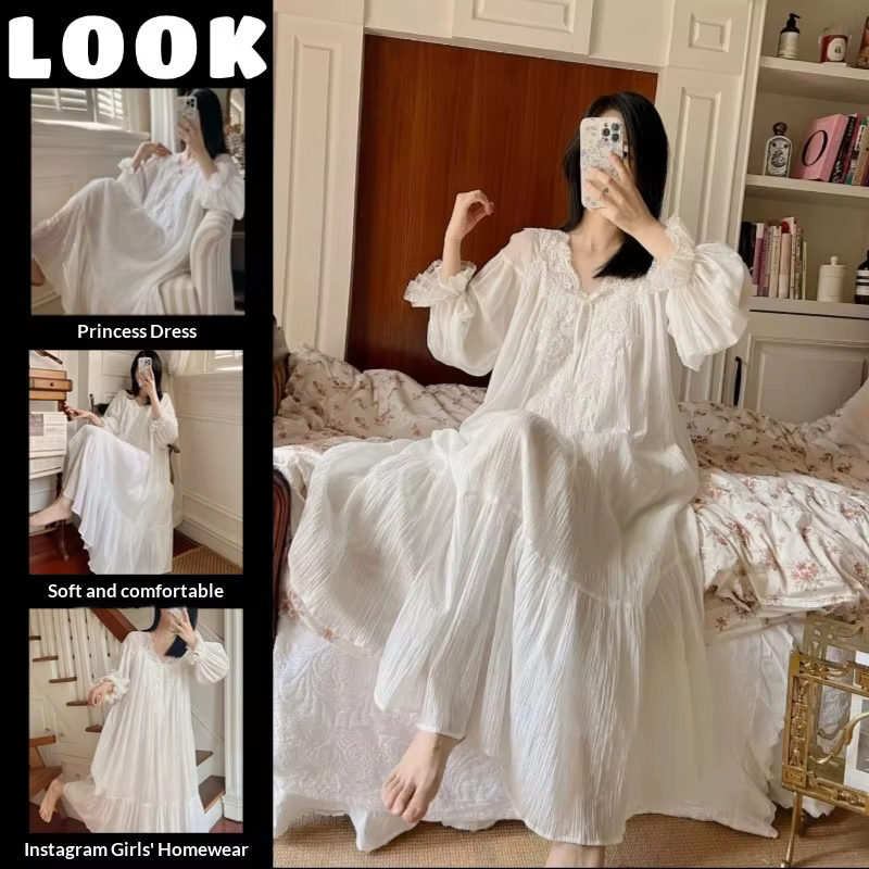 Chemise de nuit longue à manches longues pour femme, style princesse français : Nouvelle collection