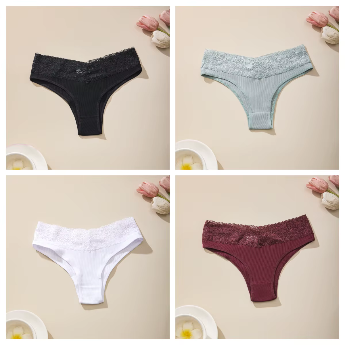CINVIK 4 pièces culottes Sexy pour femmes évidé dentelle à la mode sous-vêtements féminins confortab