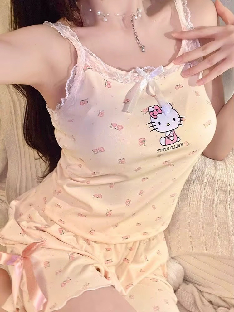 Ensemble pyjama d'été Hello Kitty pour femme avec caraco et short, soutien-gorge intégré, motif dess