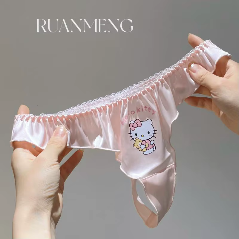 Culottes string en satin Kawaii Hello Kitty, confortables et sexy, avec bordure à volants élastiques