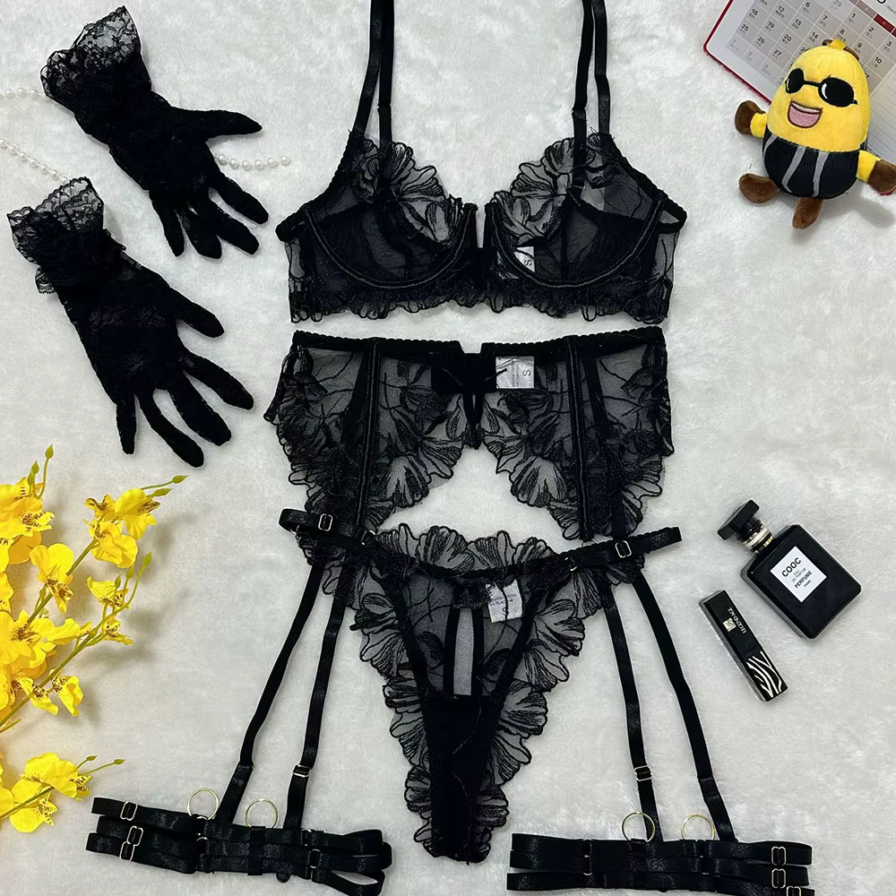 Ensemble de Lingerie Sexy en Dentelle Premium 5 Pièces avec Gants et Bas – Soutien-Gorge Transparent