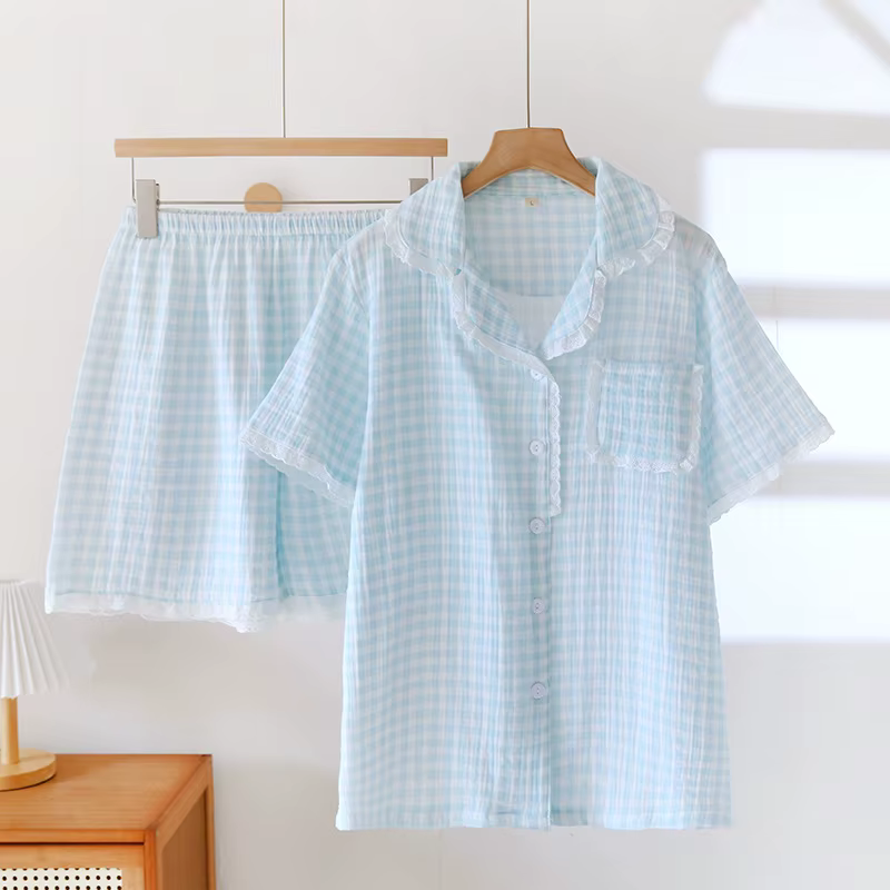 Pyjama en coton de gaze fine pour femmes, ensemble pantalon de nuit, imprimé à carreaux, manches cou