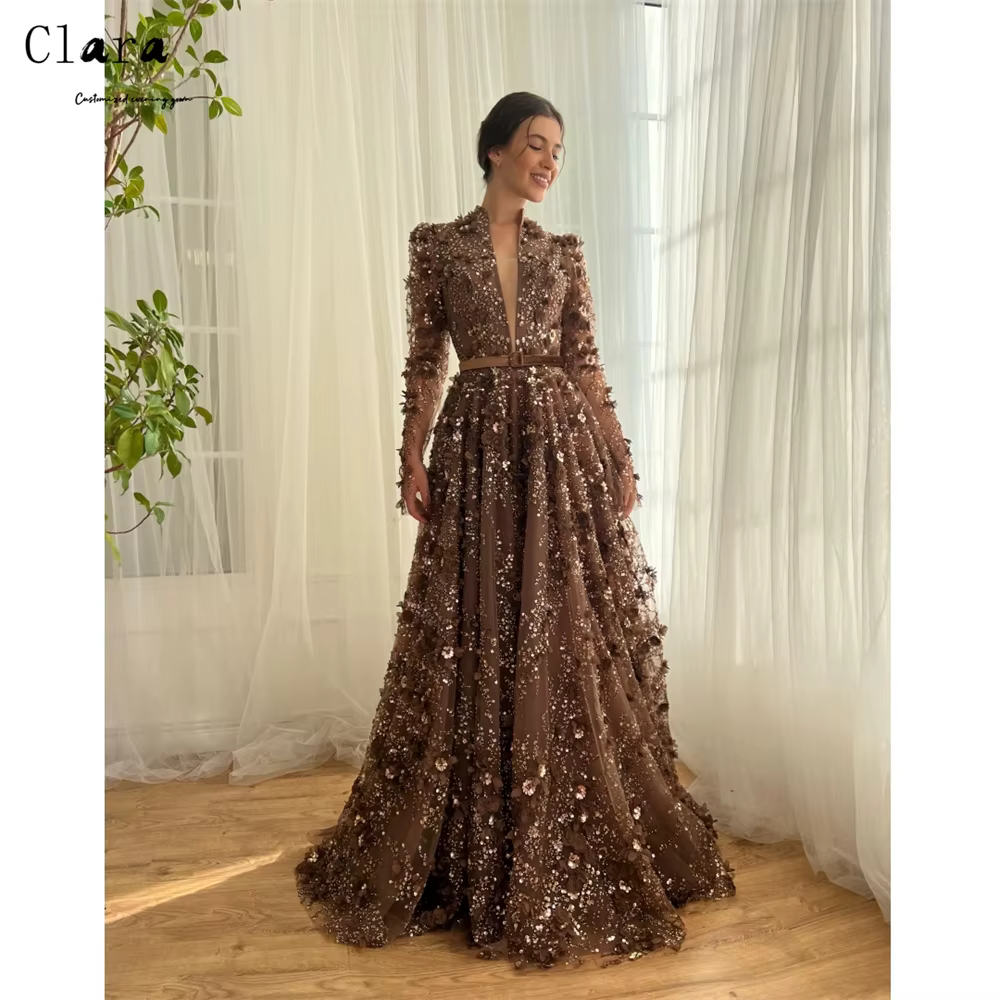 Clara personnalisé fleur a-ligne dentelle manches longues robes élégantes pour les femmes longues ro