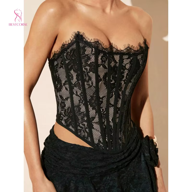 Corset bustier sexy, corset femme luxe et élégant pour femmes, en dentelle corset noir et résille, s