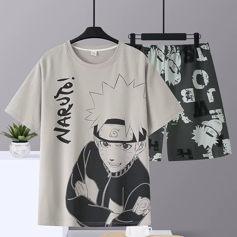 Pyjama en coton pur Naruto pour hommes, ensemble short à manches courtes, fin, d'été, pour étudiants
