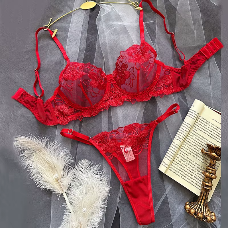 Ensemble de lingerie sexy avec broderie florale, soutien-gorge et culotte, ensemble érotique chaud, 