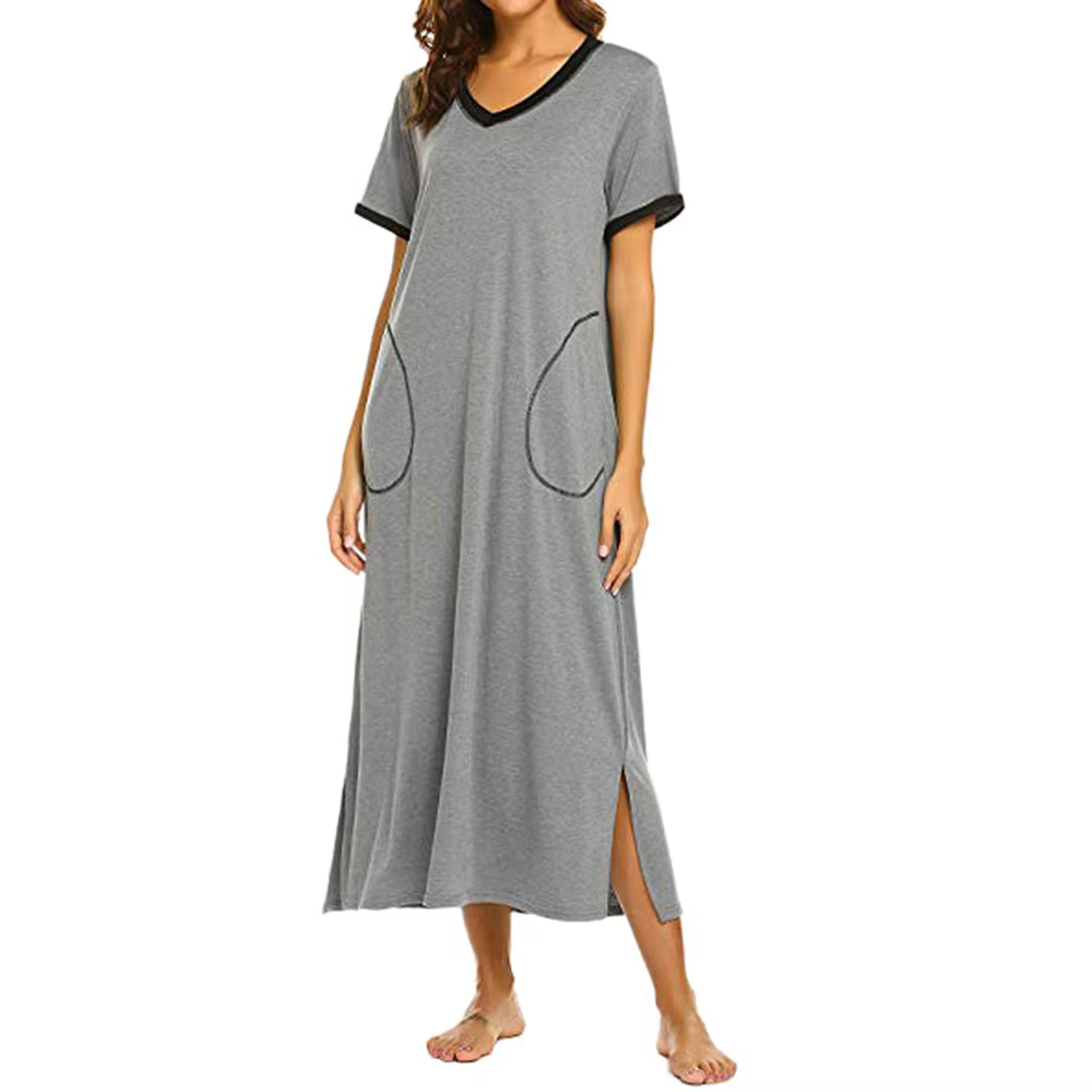 Robe de chemise de nuit à manches courtes pour femmes, vêtements de nuit ultra doux, col rond, fente