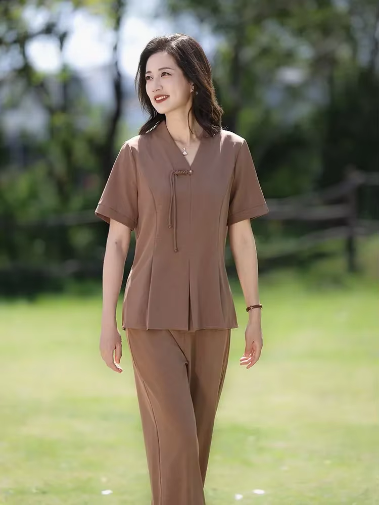 Ensemble deux pièces pour femmes d'âge moyen, nouveau style chinois, haut à manches courtes et panta