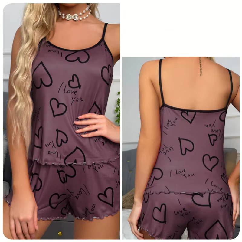 Ensemble pyjama imprimé en forme de cœur pour femmes, sexy, gilet plissé en soie, short, doux et con