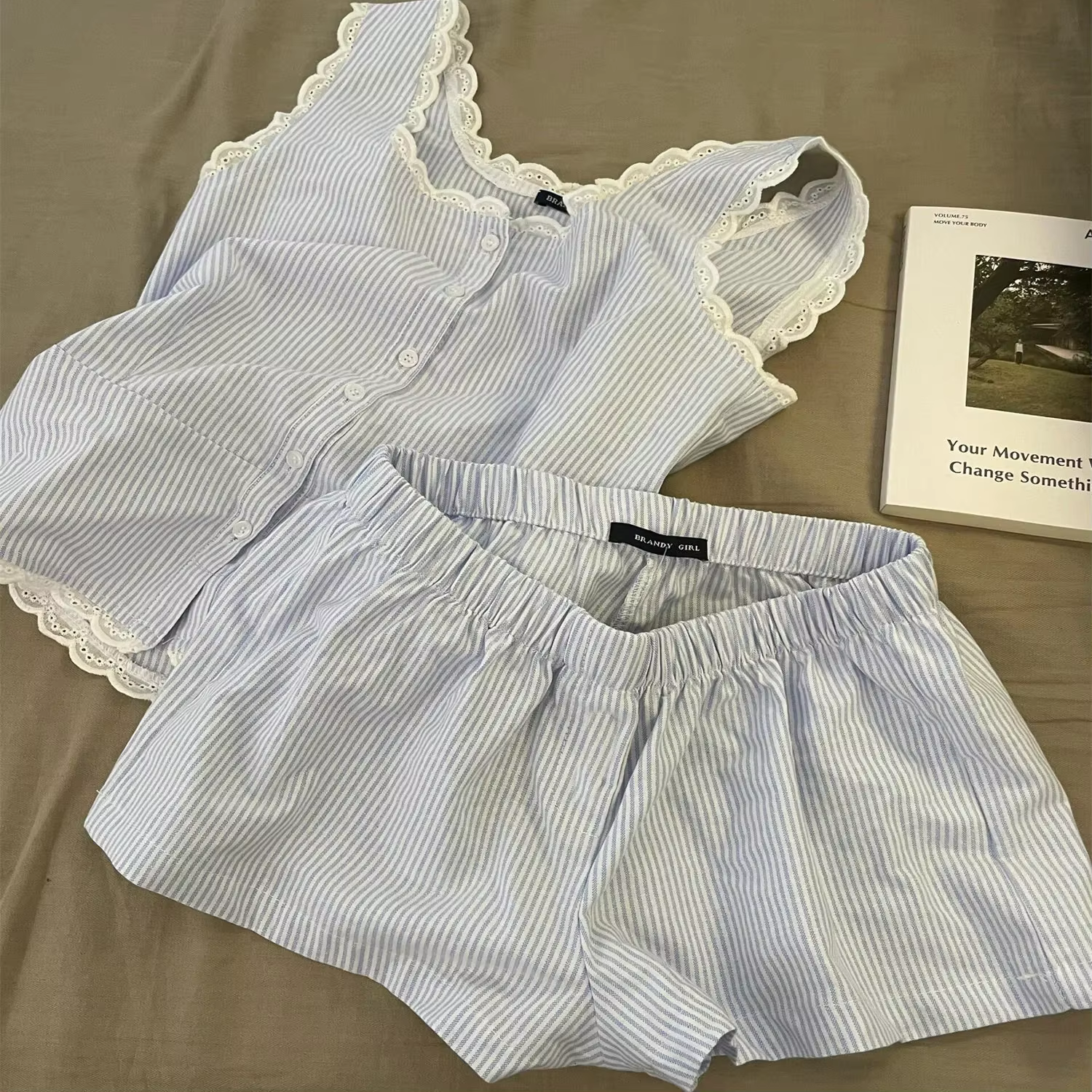 Pyjama rayé pour femmes, vêtements de nuit pour enfants, ensemble short sans manches, 2 pièces en de