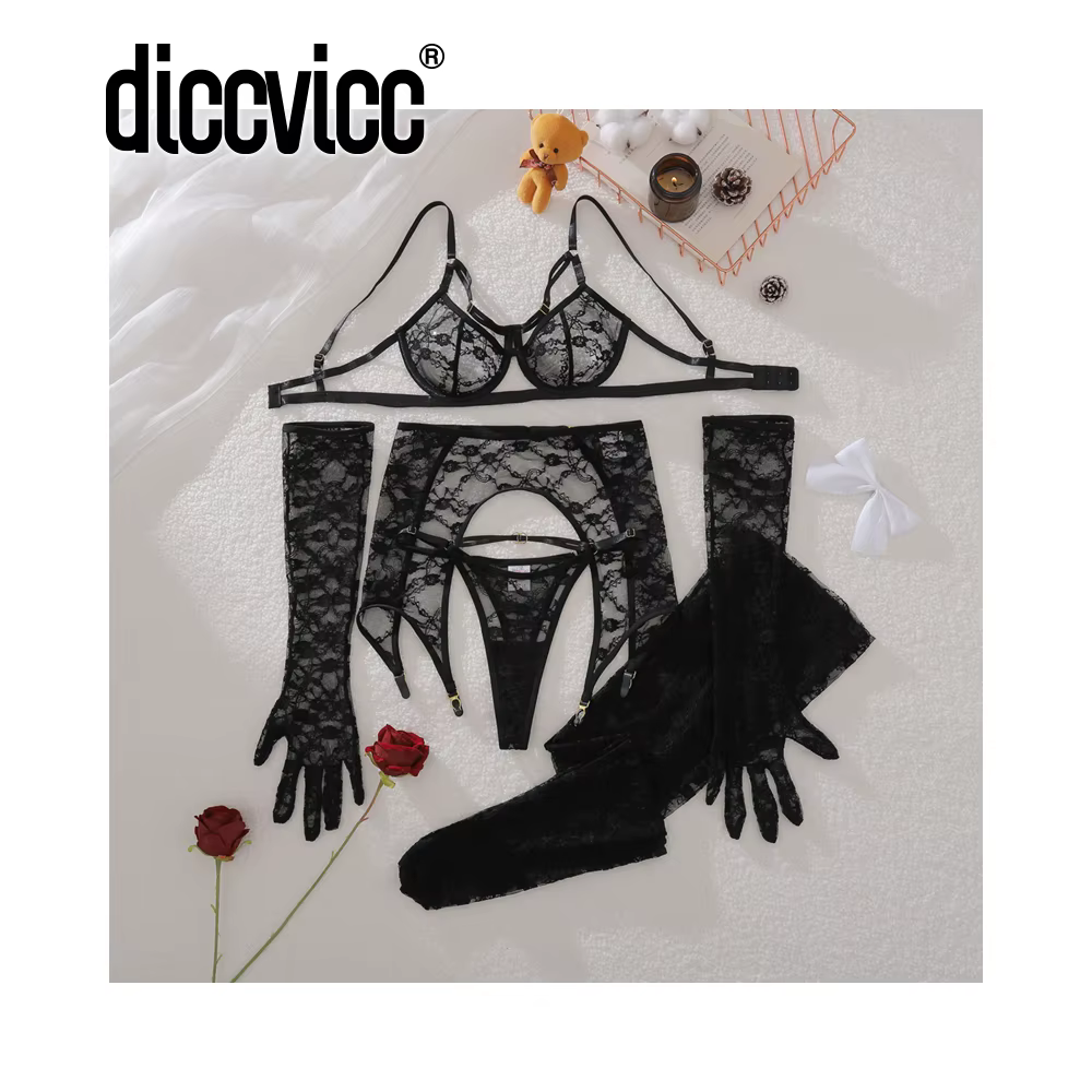 Diccvicc Lingerie avec gants et bas dentelle transparente soutiens-gorge sexy jarretière fantaisie s