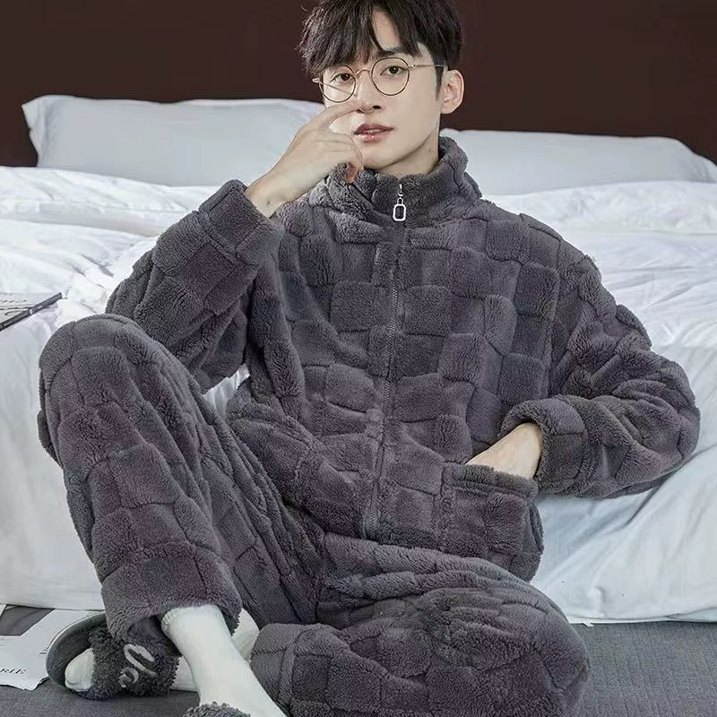 2025 Pyjamas à carreaux pour hommes corail vêtement de nuit en polaire dormir tenue de nuit fermetur