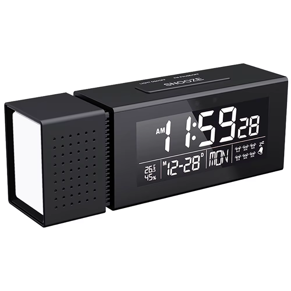 Réveil avec veilleuse, capteur IR, radio FM, 6 alarmes, fonction snooze, température, humidité, RGB,