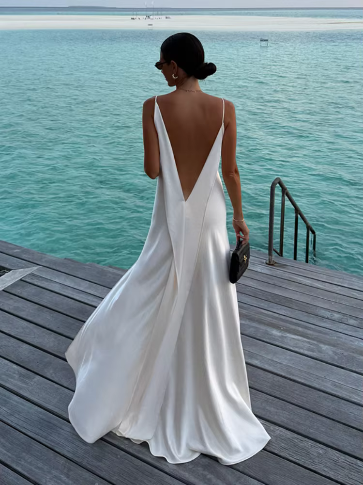 Nouvelle Robe Longue Plissée pour Femme, Col en V Profond, Bretelles Fines, Sans Manches, Dos Nu, Co