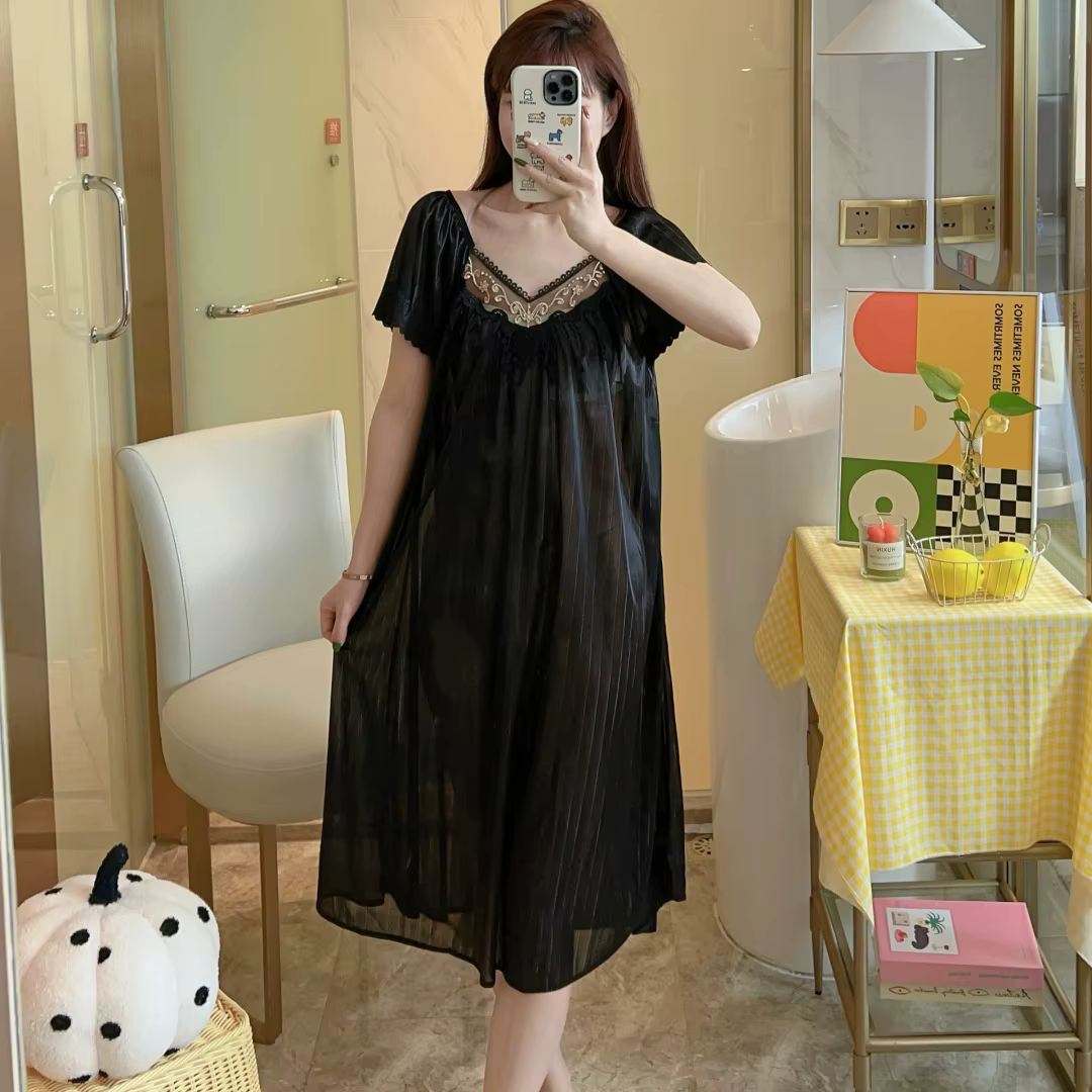 Chemises de nuit d'été en soie glacée pour femmes, robe de nuit, longueur moyenne, manches courtes, 