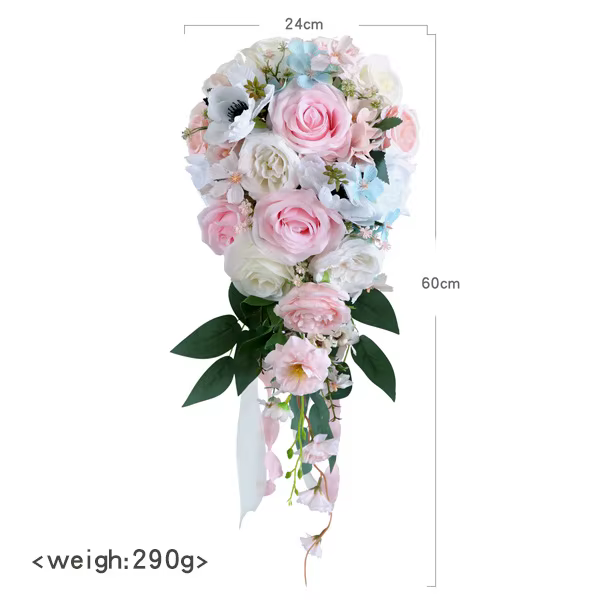 YeeNanee Bouquets de mariage en cascade bleue pour mariée Bouquet de mariée en cascade de soie fait