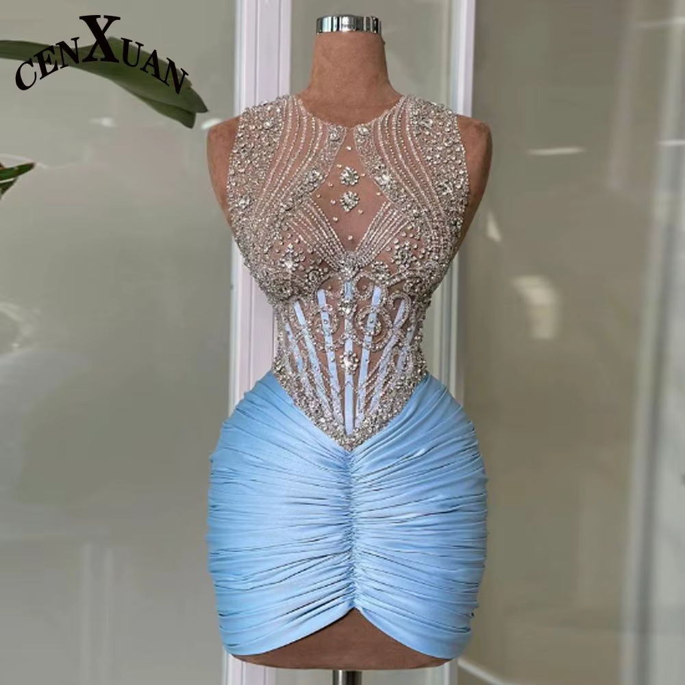 CENXUAN luxueux Mini col rond robes De Cocktail pour les femmes avec strass plissé robe De soirée ro