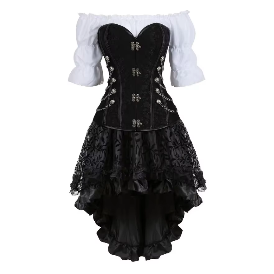 Costume de Pirate pour femmes, robe Corset gothique Steampunk, jupe noire, grande taille, chemisier