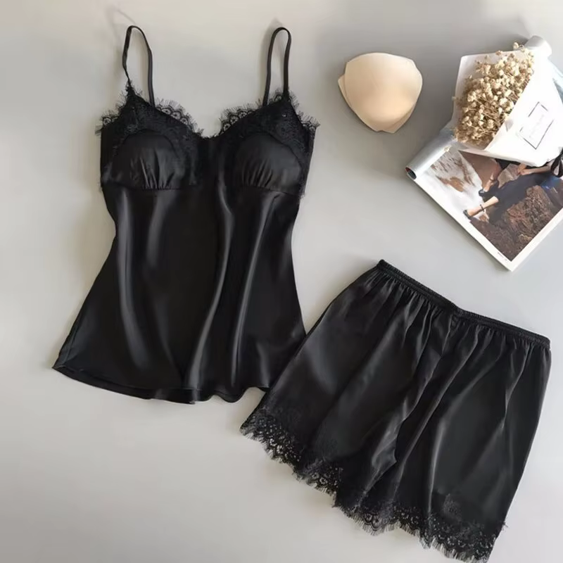 Femmes pyjama costume mode col en v Stretch Satin nuisette dentelle Sexy Lingerie nœud papillon Pyja