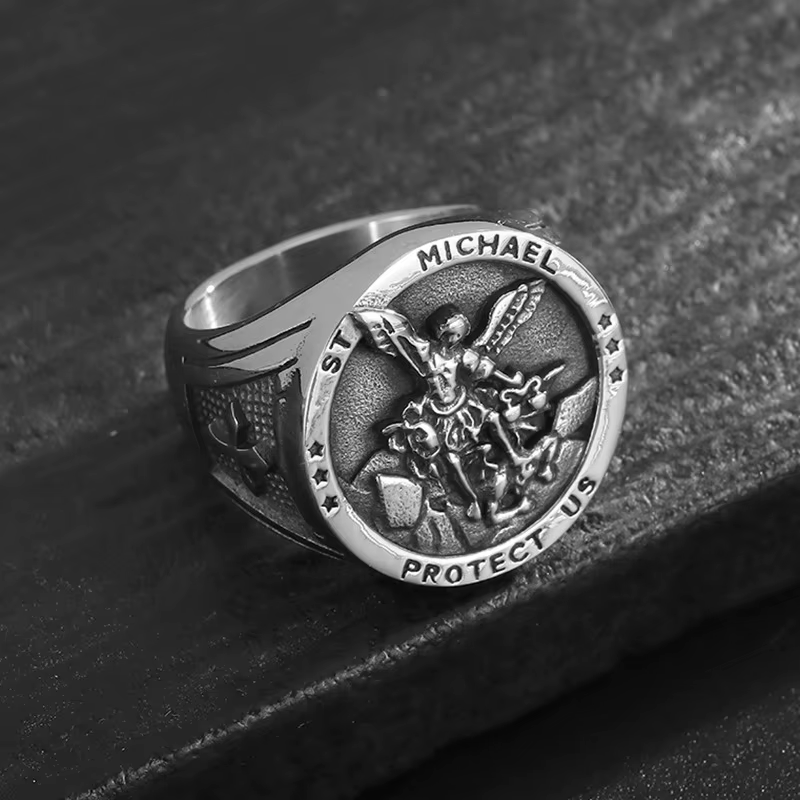 Bague couleur or ange catholique Michael pour hommes et femmes, Punk, chevalier en acier inoxydable,