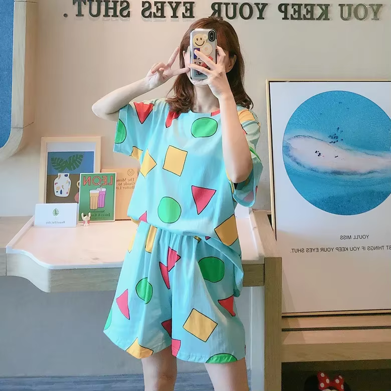Pyjamas à manches courtes femmes été dessin animé mignon géométrique vêtements de nuit Homewear pull