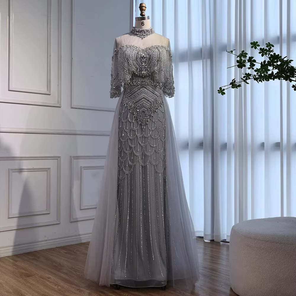 Robe de soirée de luxe grise avec perles, style arabe, dubaï, avec surjupe, pour occasions formelles