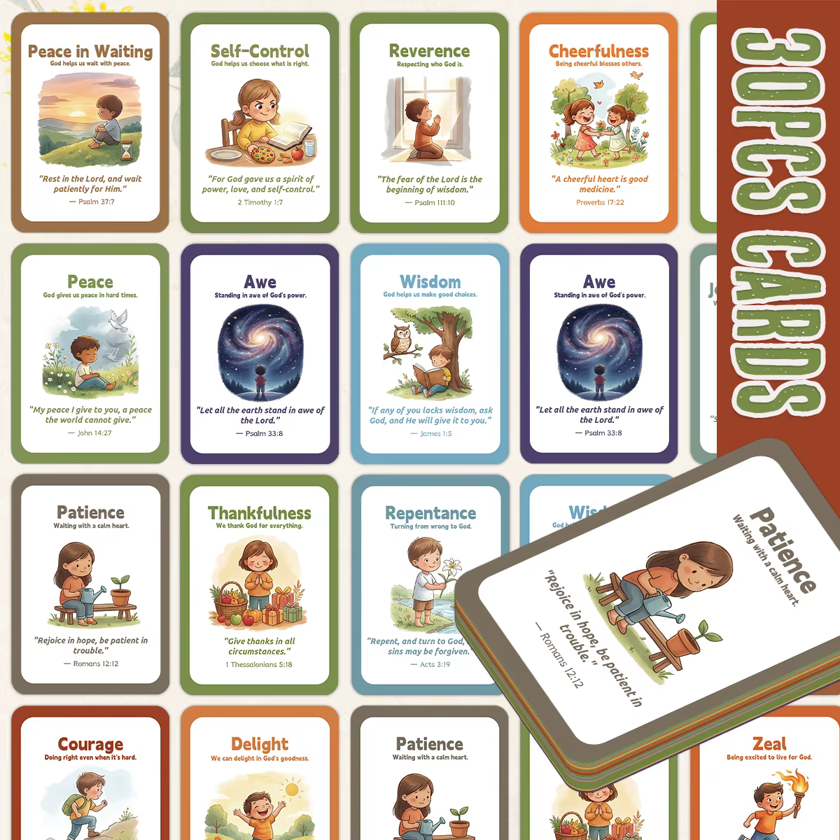 30 cartes illustrées de vertus bibliques pour la dévotion familiale, la formation chrétienne, les ba