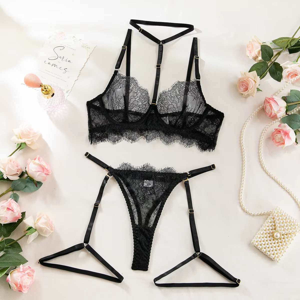 Ensemble de lingerie érotique soutien-gorge et culotte, sexy, en dentelle transparente à cils, non d