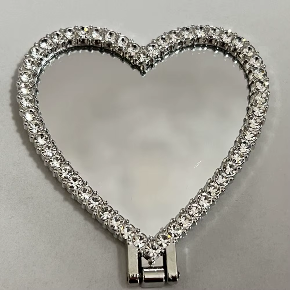 Support de téléphone cœur diamanté scintillant avec miroir 2-en-1 pliable, support de téléphone cœur