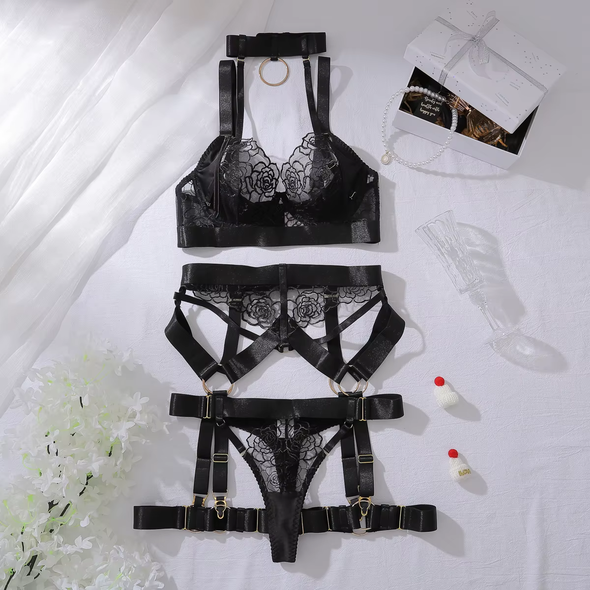 AVELINE Lingerie intime de luxe dentelle broderie sous-vêtements pour femmes soutien-gorge licou att