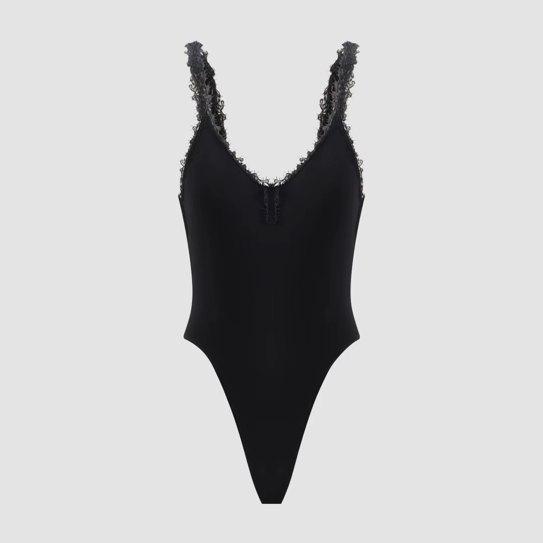 Body moulant noir élégant pour femme avec dentelle, débardeur sans manches à col en V, coupe ajustée