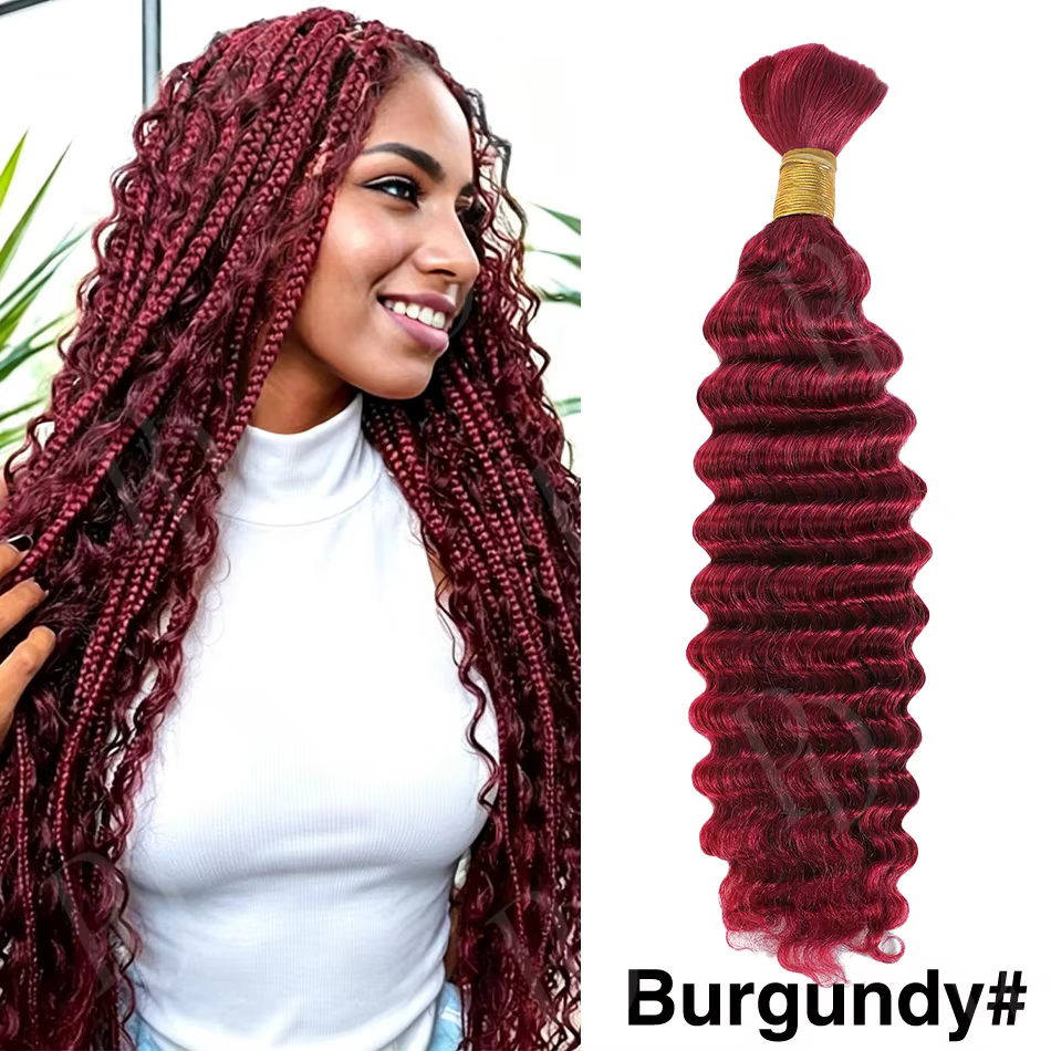 Cheveux bouclés bohèmes bordeaux pour tresses, cheveux humains ondulés profonds sans trame pour tres