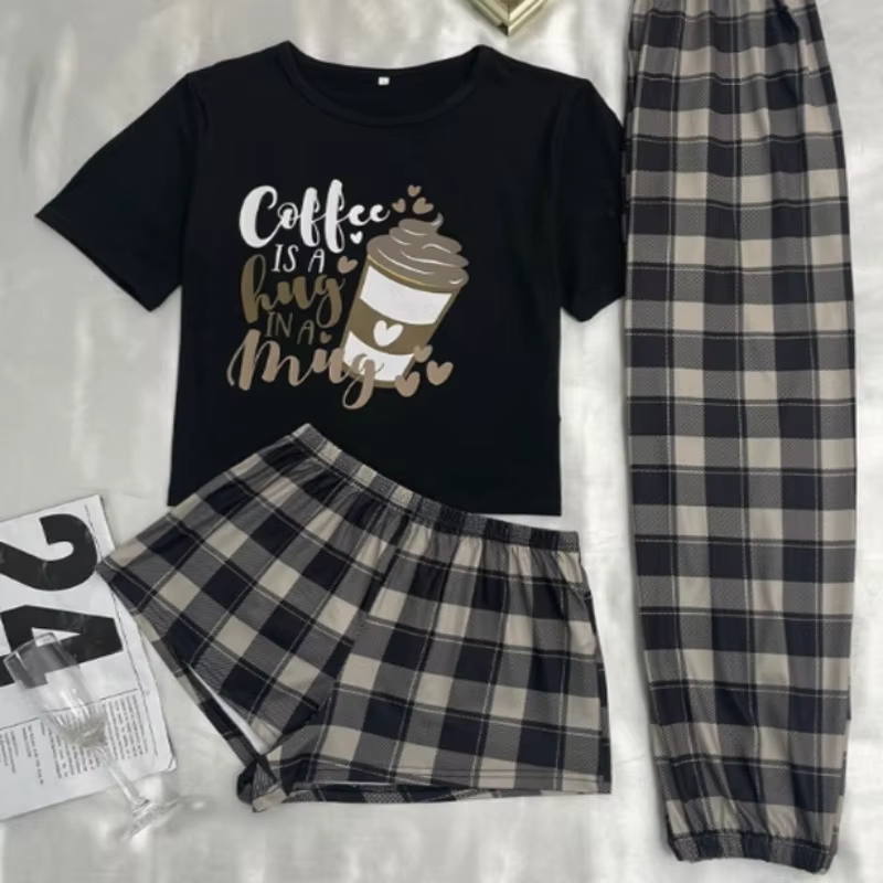 Ensemble pyjama 3 pièces confortable pour femmes, Style décontracté, manches courtes, col rond, haut