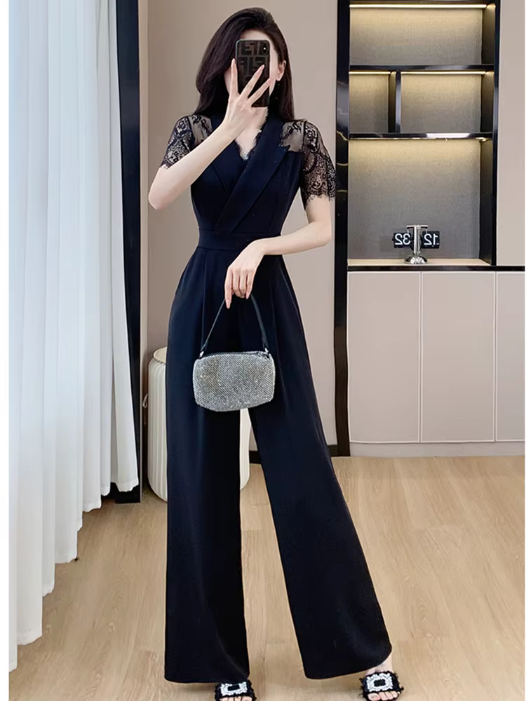 SMTHMA-Combinaison en dentelle à manches courtes pour femmes, nouvelle mode, patchwork, taille haute