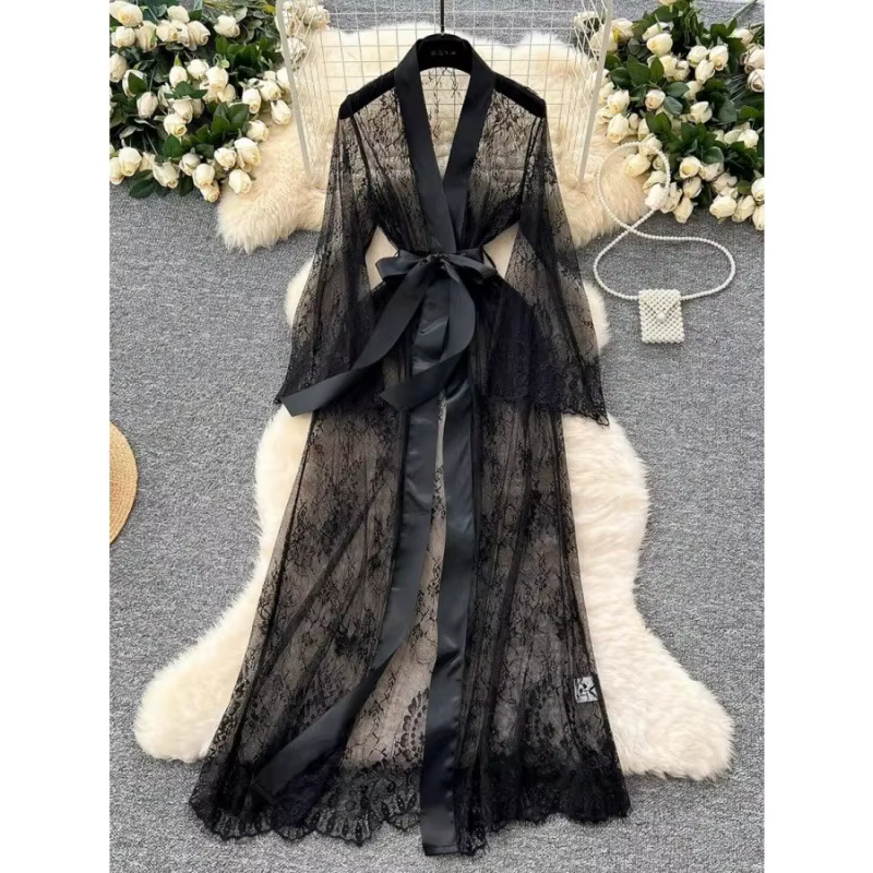 Pyjama sexy en dentelle pour femme, robe de nuit en résille, ensemble transparent à manches longues 