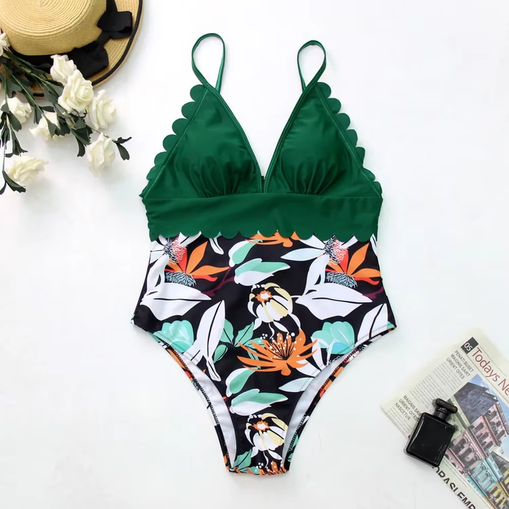 Maillot de bain une pièce taille haute, sexy, col en v, push up, col licou, garniture festonnée, vêt