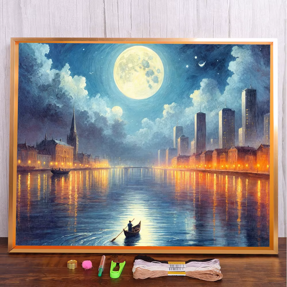 Paysage lune nuit point de croix Kit complet bricolage broderie passe-temps artisanat artisanat paqu