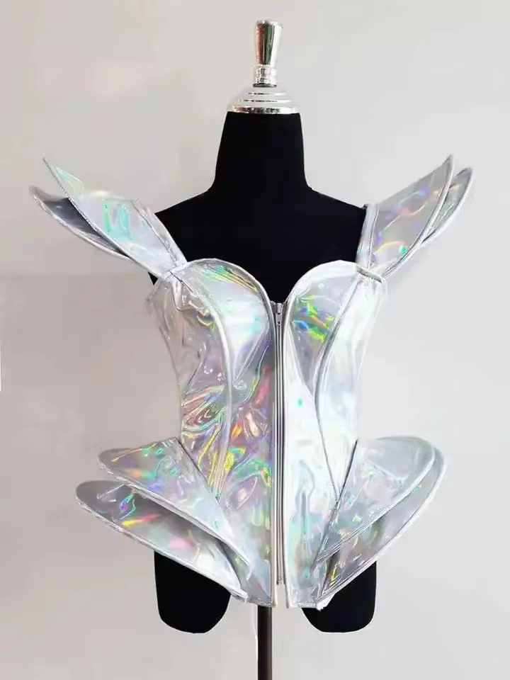 Justaucorps sexy à bretelles pour femme, costume de batterie laser argenté, costume de chanteuse, ju