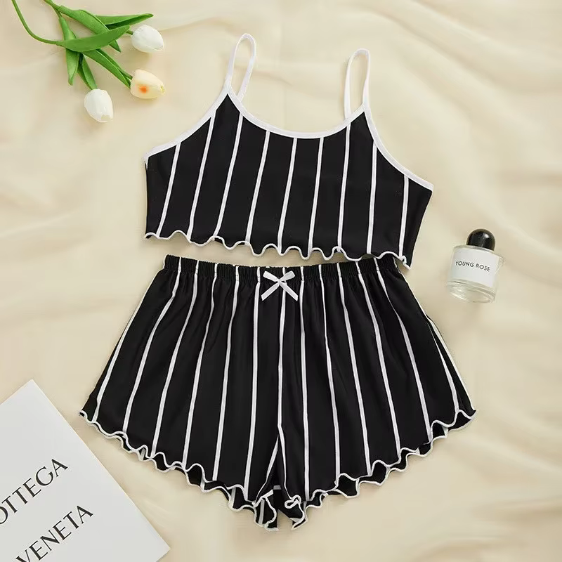Ensemble de pyjamas décontractés à imprimé princesse pour femmes, haut rayé, gloss précieux, short, 