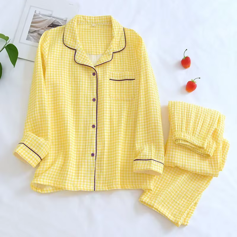 Ensembles de pyjamas en crêpe 100% coton pour couples, vêtements de nuit à manches longues pour femm