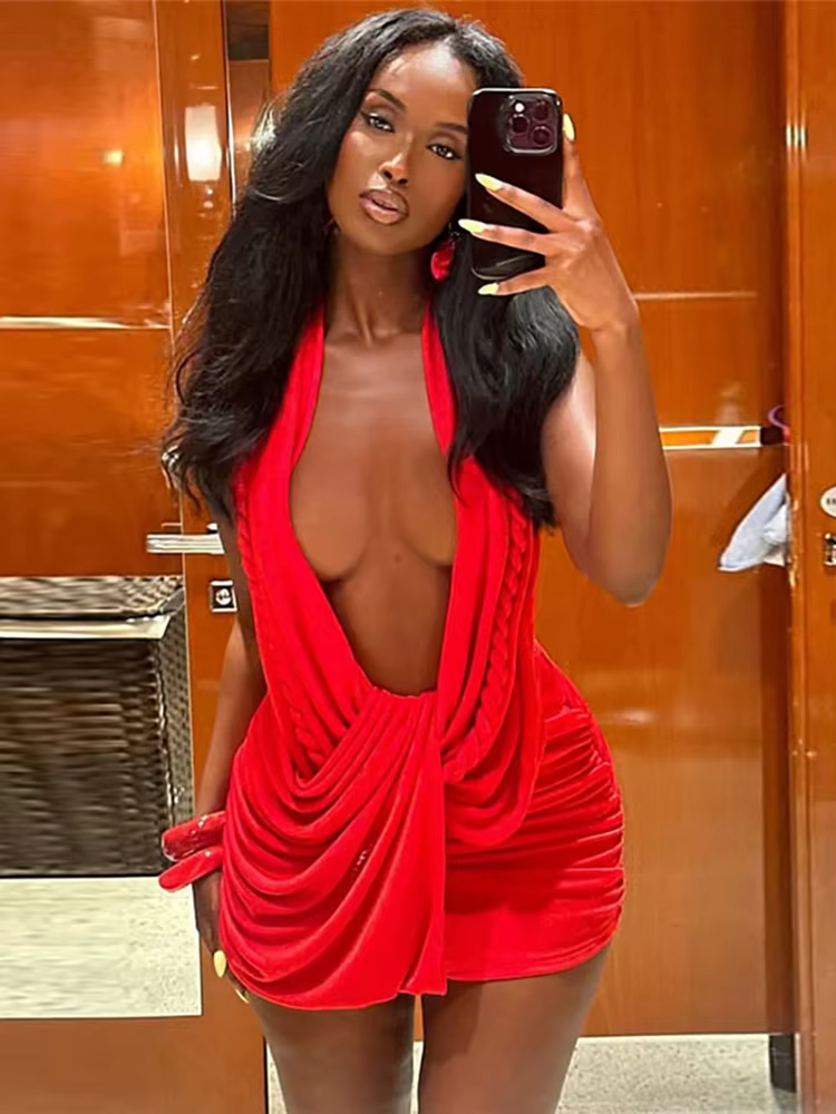 Nibber Dos Nu Robe Femme Twist Bandage Halter Swing Collier Clivage Sans Manches Minuit Club Party S