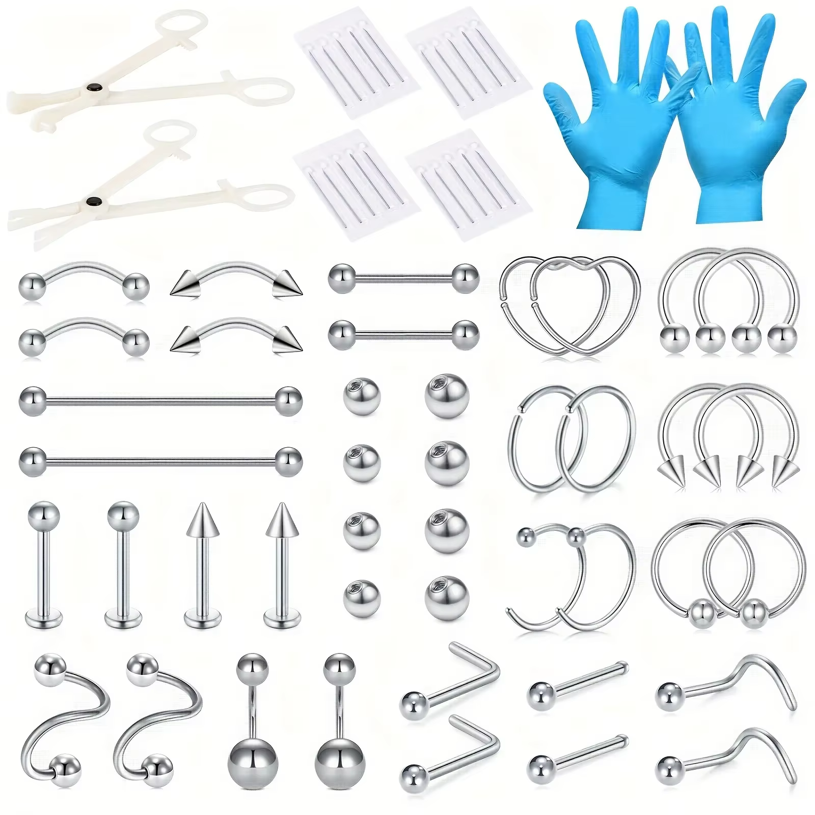 Kit de perçage corporel 50 pièces, anneau de nez en forme de L en forme de cœur, clou d'oreille de C