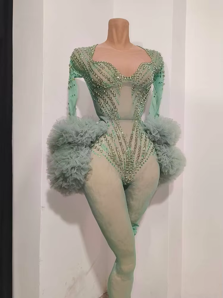 Combinaison scintillante verte en strass pour femmes, costumes de spectacle en boîte de nuit, costum