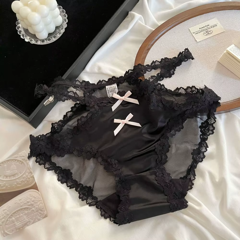 Culottes transparentes en satin de soie sans couture avec nœud en dentelle et fleurs, taille mi-haut