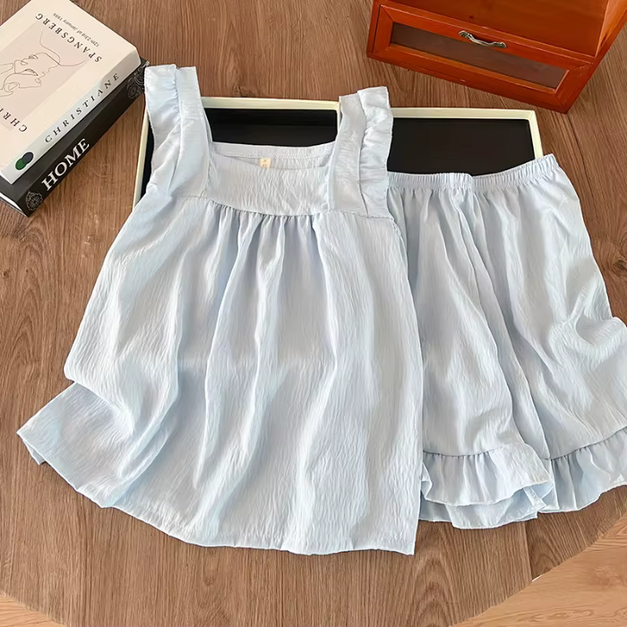Pyjama bleu pour femme, ensemble deux pièces d'été avec manches courtes et short, vêtements de déten