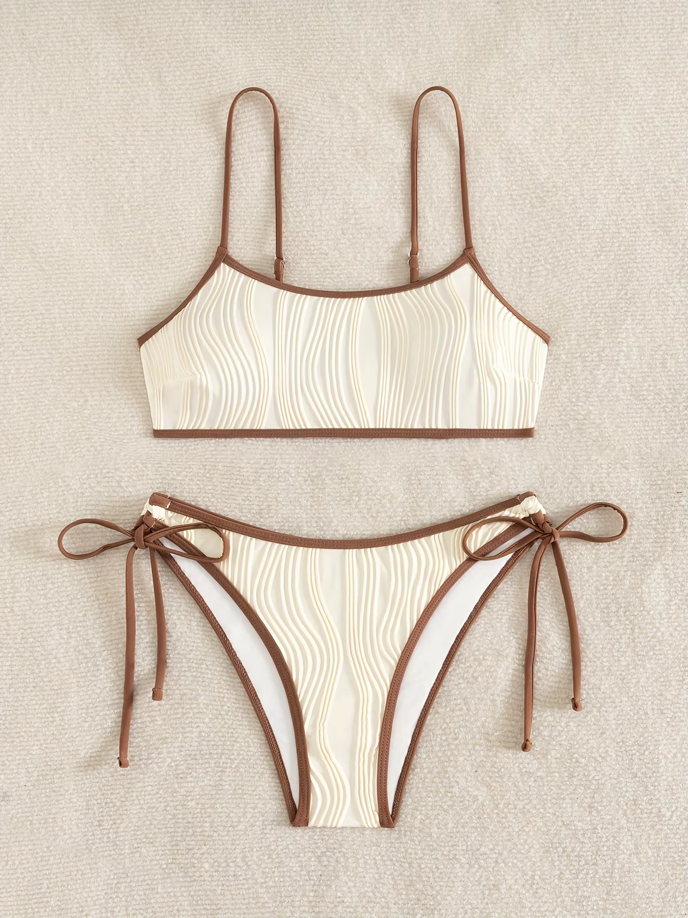 Ensemble bikini sexy beige patchwork 2026 pour femme, avec soutien-gorge push-up côtelé et maillot d