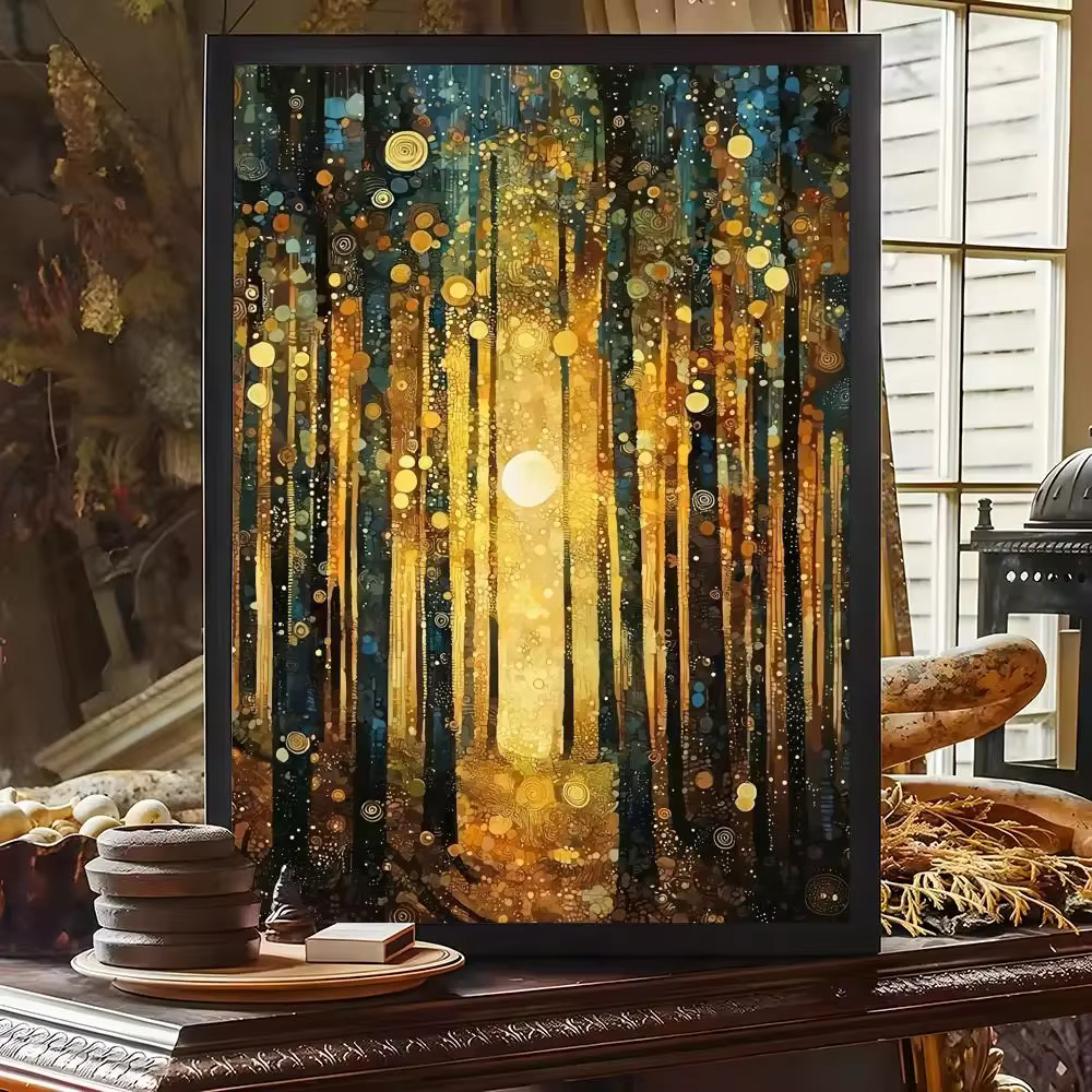 G-Gustav Klimt Peinture Nuit étoilée Calligraphie Affiche sur toile Décoration murale pour la maison